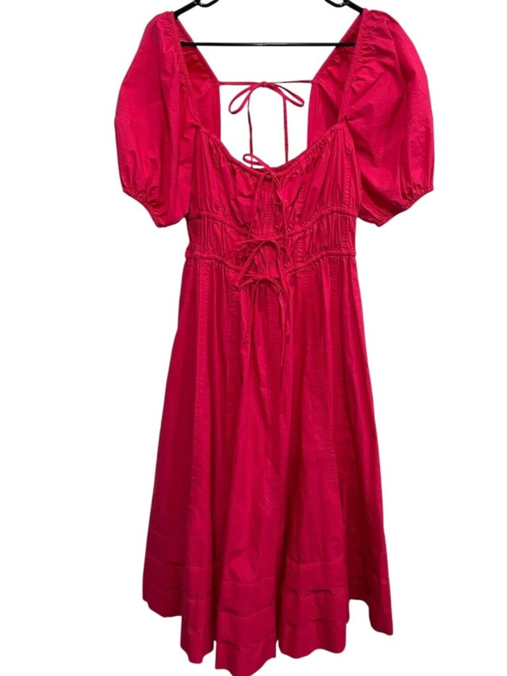 Ulla Johnson 8 Red Puff Sleeve Midi Dress Open Back Tie Coquette Milkmaid